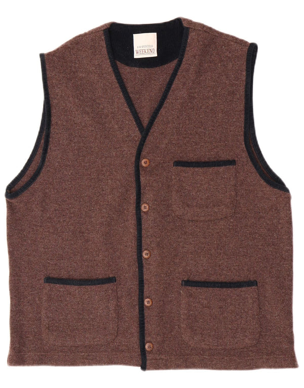Maglione cardigan senza maniche vintage da uomo per il fine settimana, grande lana marrone