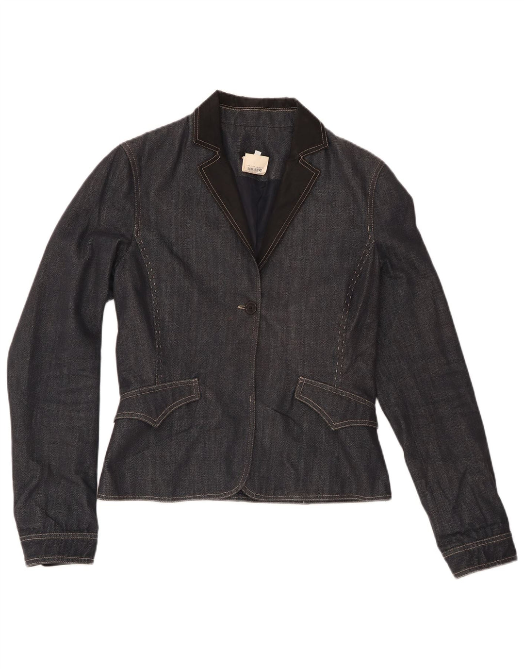 Giacca blazer in denim da donna a 1 bottone Ferre IT 46 grande in cotone blu navy