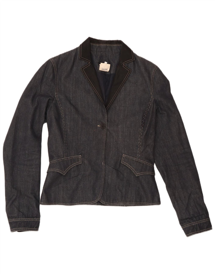 Giacca blazer in denim da donna a 1 bottone Ferre IT 46 grande in cotone blu navy