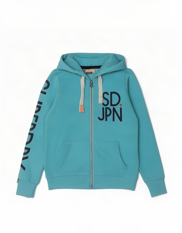 Felpa con cappuccio e zip grafica da donna Superdry UK 16 grande cotone blu