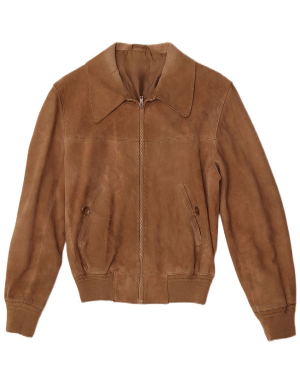 Giubbotto bomber in pelle scamosciata vintage da uomo UK 36 piccolo retrò in pelle marrone