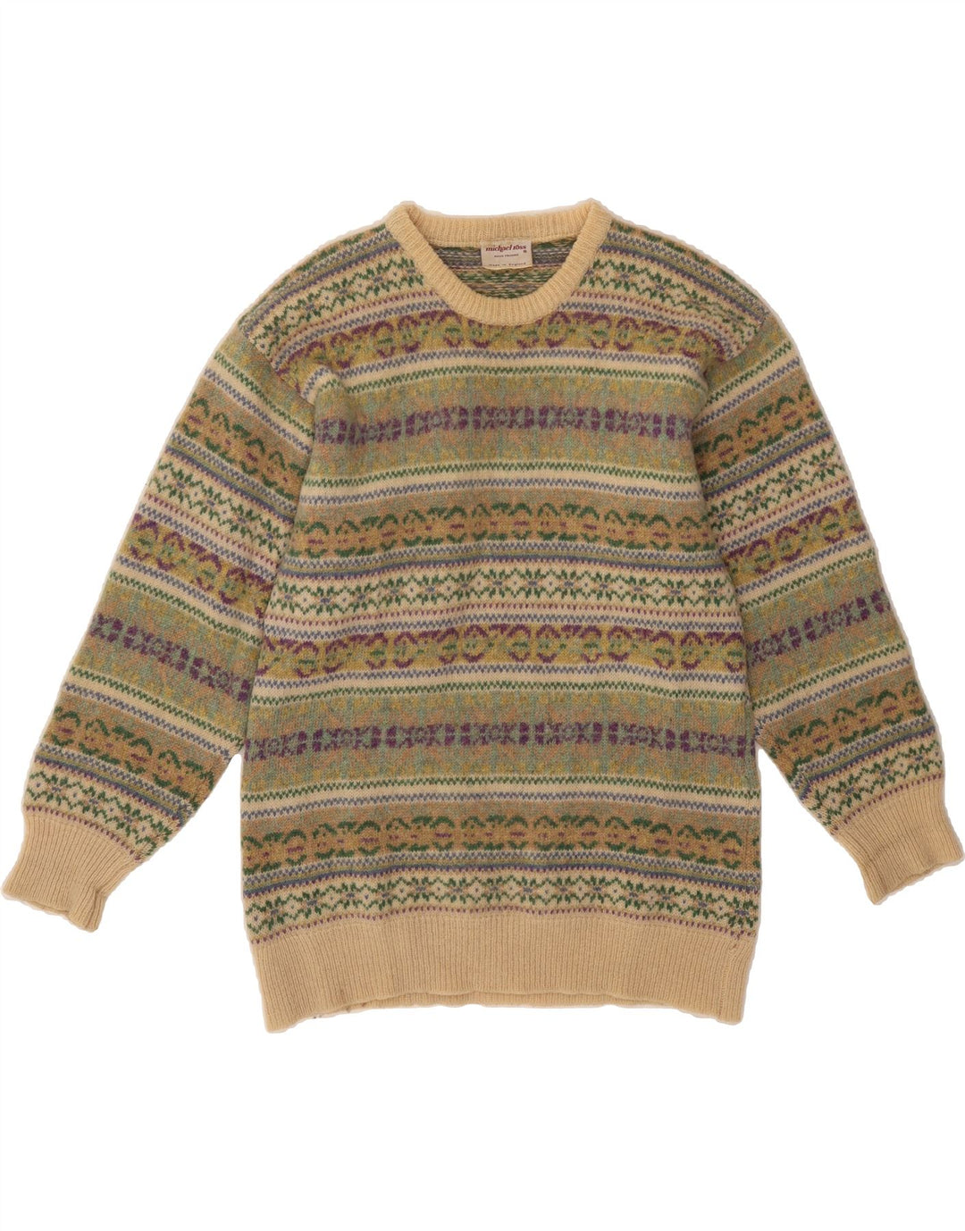 MICHAEL ROSS Maglione maglione girocollo da uomo piccolo verde Fair Isle