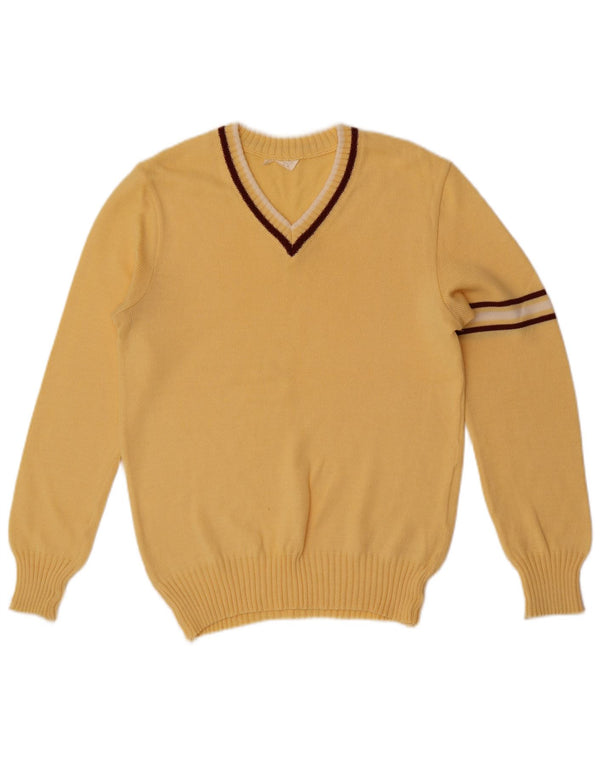 Maglione vintage da uomo con scollo a V XS color block giallo