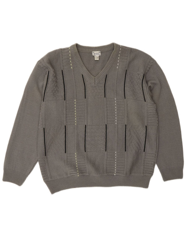 Maglione da uomo con scollo a V Jacques Lorant UK 42/44 a righe grigie grandi