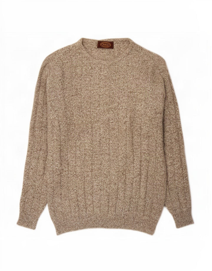 Maglione girocollo da uomo vintage in lana chiazzata marrone grande