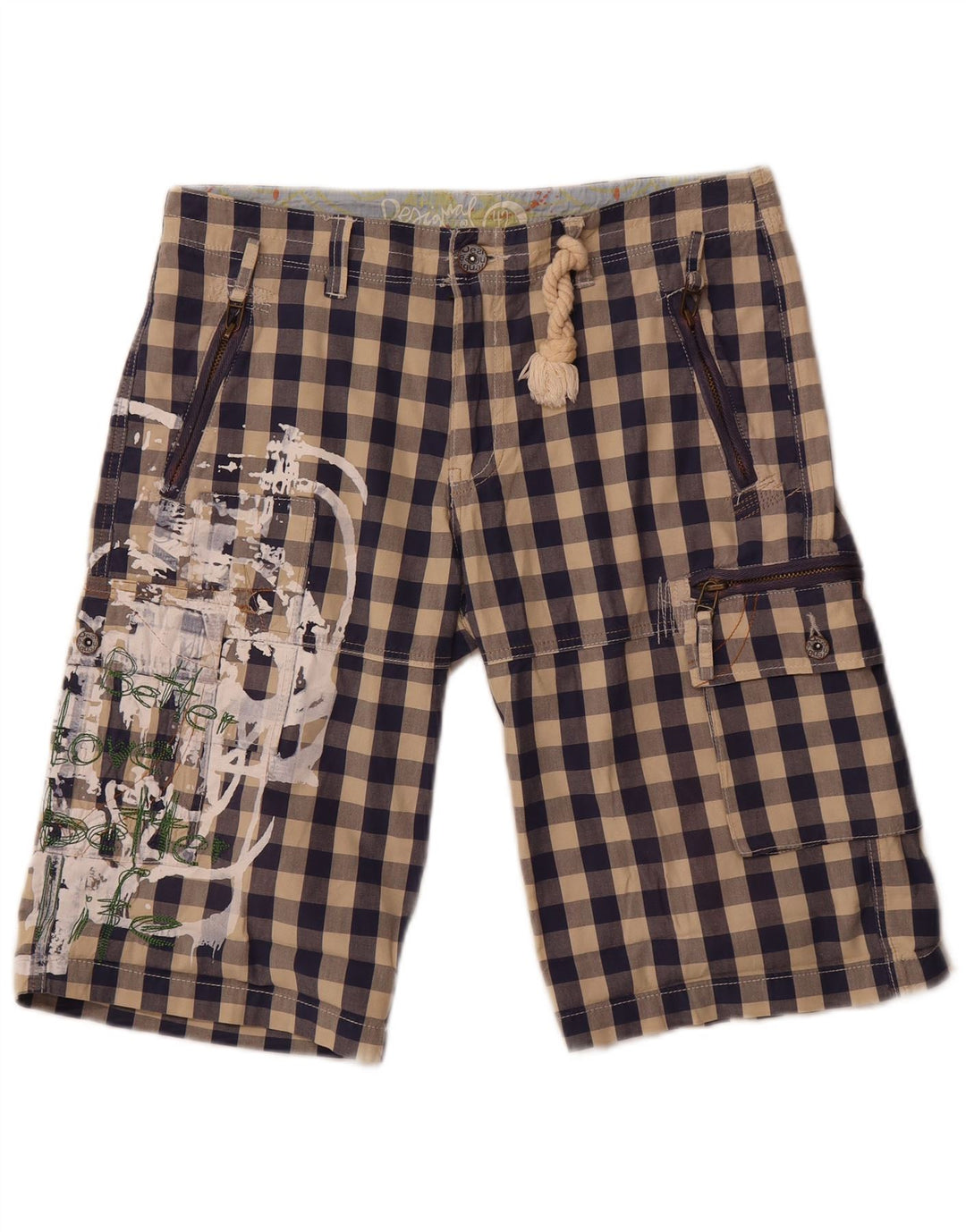 Desigual Pantaloncini cargo grafici da donna EU 42 Large W34 Navy Blue Gingham