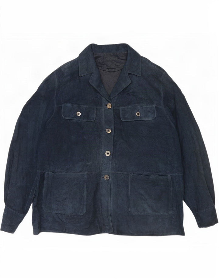 Giacca vintage in pelle scamosciata da donna UK 18 XL in pelle blu navy