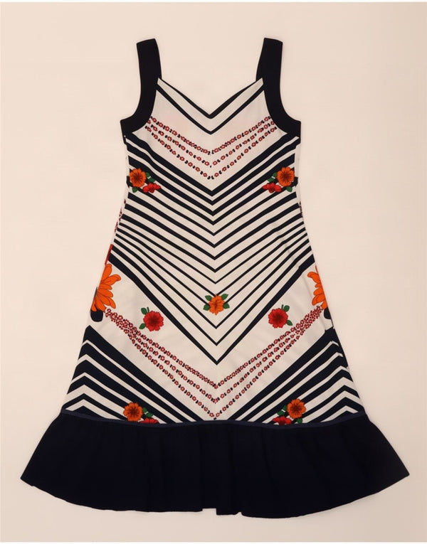 Abito vintage da donna a trapezio senza maniche UK 14 Medio Bianco floreale