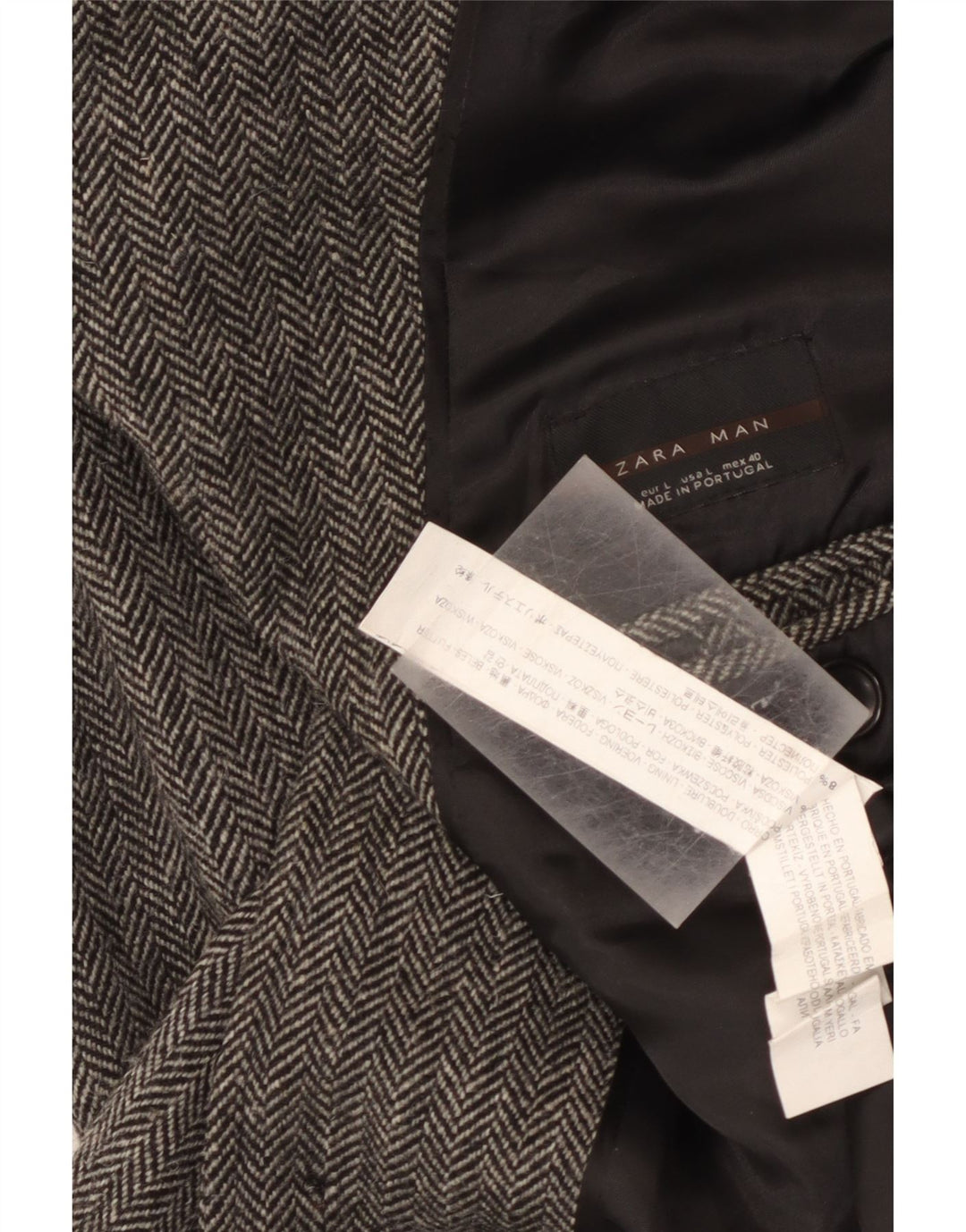 Cappotto Zara da uomo lungo dal taglio classico UK 40 grande a spina di pesce grigio