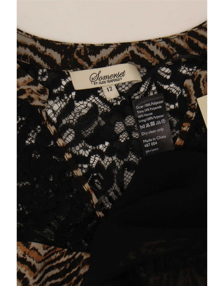 Top camicetta a maniche lunghe da donna vintage UK 12 Poliestere Chevron marrone medio