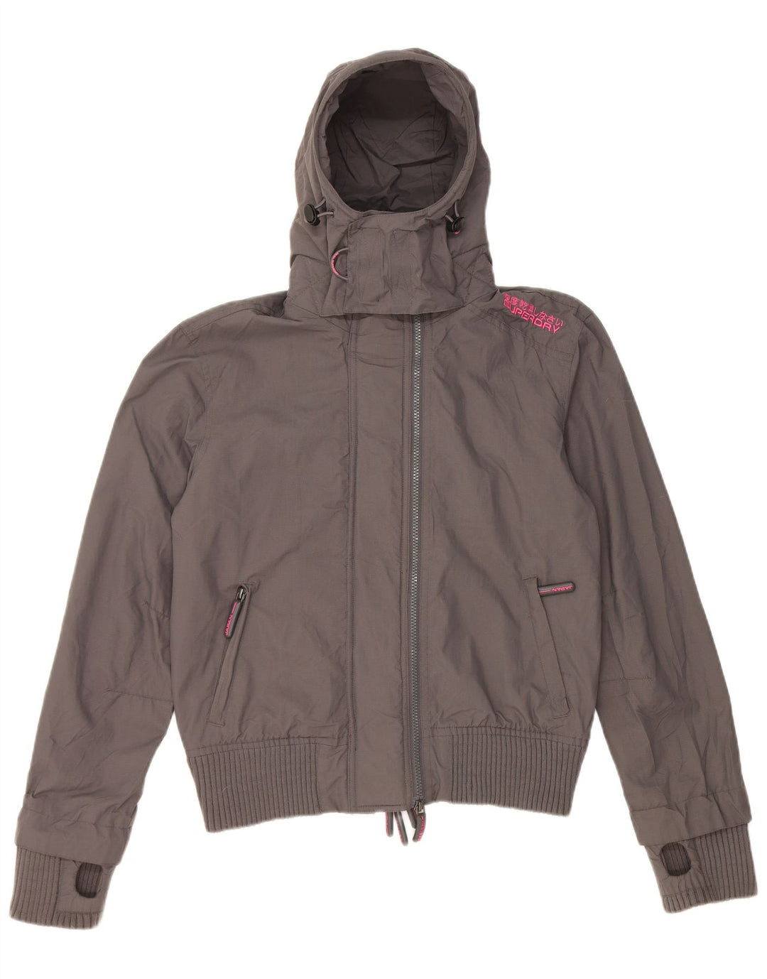 Giacca antipioggia da donna con cappuccio Superdry UK 16 grande nylon grigio
