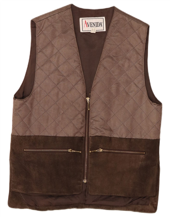 Gilet trapuntato in pelle scamosciata da donna VINTAGE UK 14 grande in pelle color block marrone