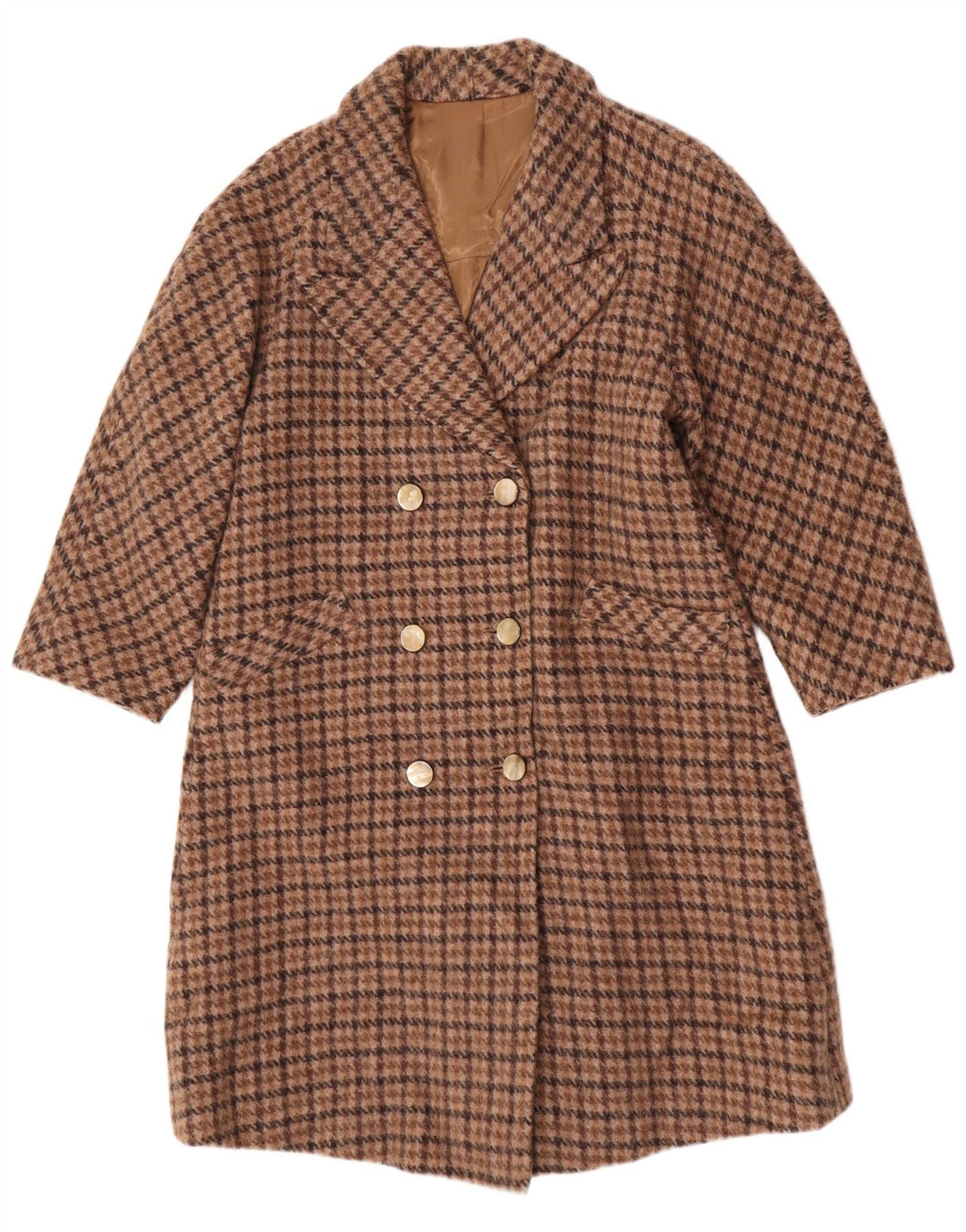 Cappotto doppiopetto vintage da donna UK 12 pied de poule marrone medio
