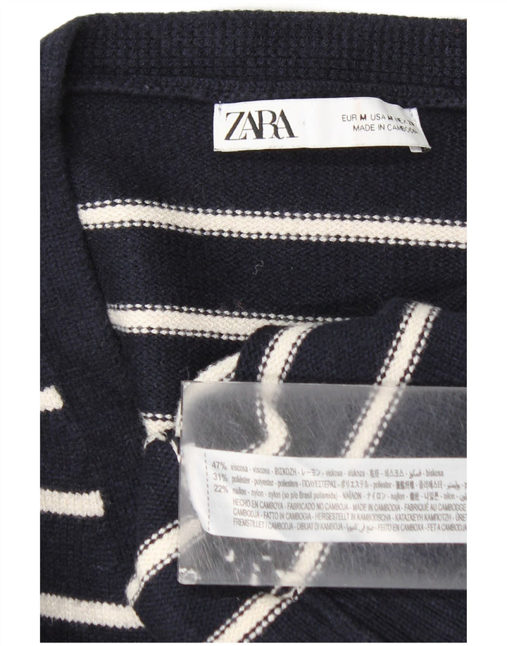 Maglione cardigan da donna Zara UK 12 Viscosa a righe blu navy medio
