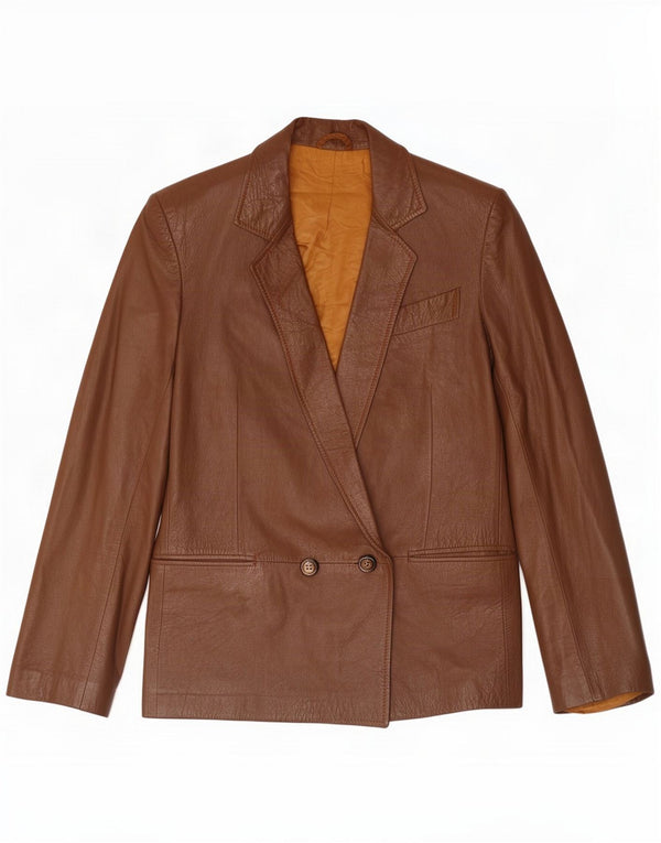 Giacca blazer in pelle doppio petto vintage da donna UK 14 marrone medio