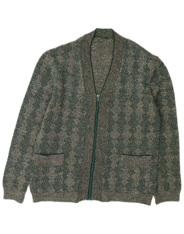 Maglione cardigan con zip intera da donna vintage UK 16 grande verde geometrico