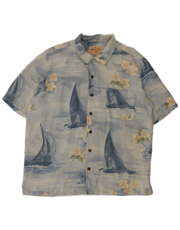 Vintage Mens Short Sleeve Shirt XL Blue Floral Silk