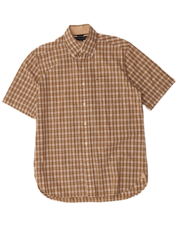 Camicia a maniche corte da uomo Tommy Hilfiger piccola in cotone a quadri marroni