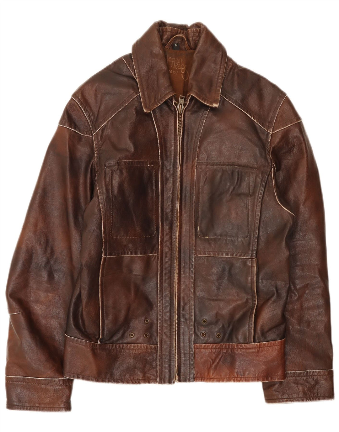 Giacca in pelle vintage da uomo UK 38 Patchwork marrone medio