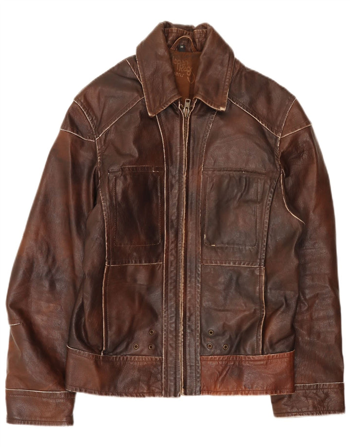 Giacca in pelle vintage da uomo UK 38 Patchwork marrone medio