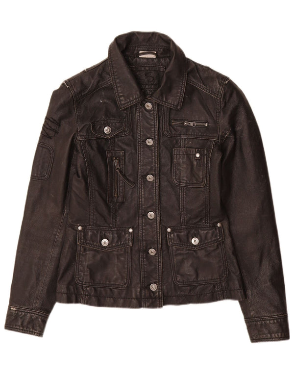 Giacca in pelle da donna vintage UK 10 piccola in pelle nera
