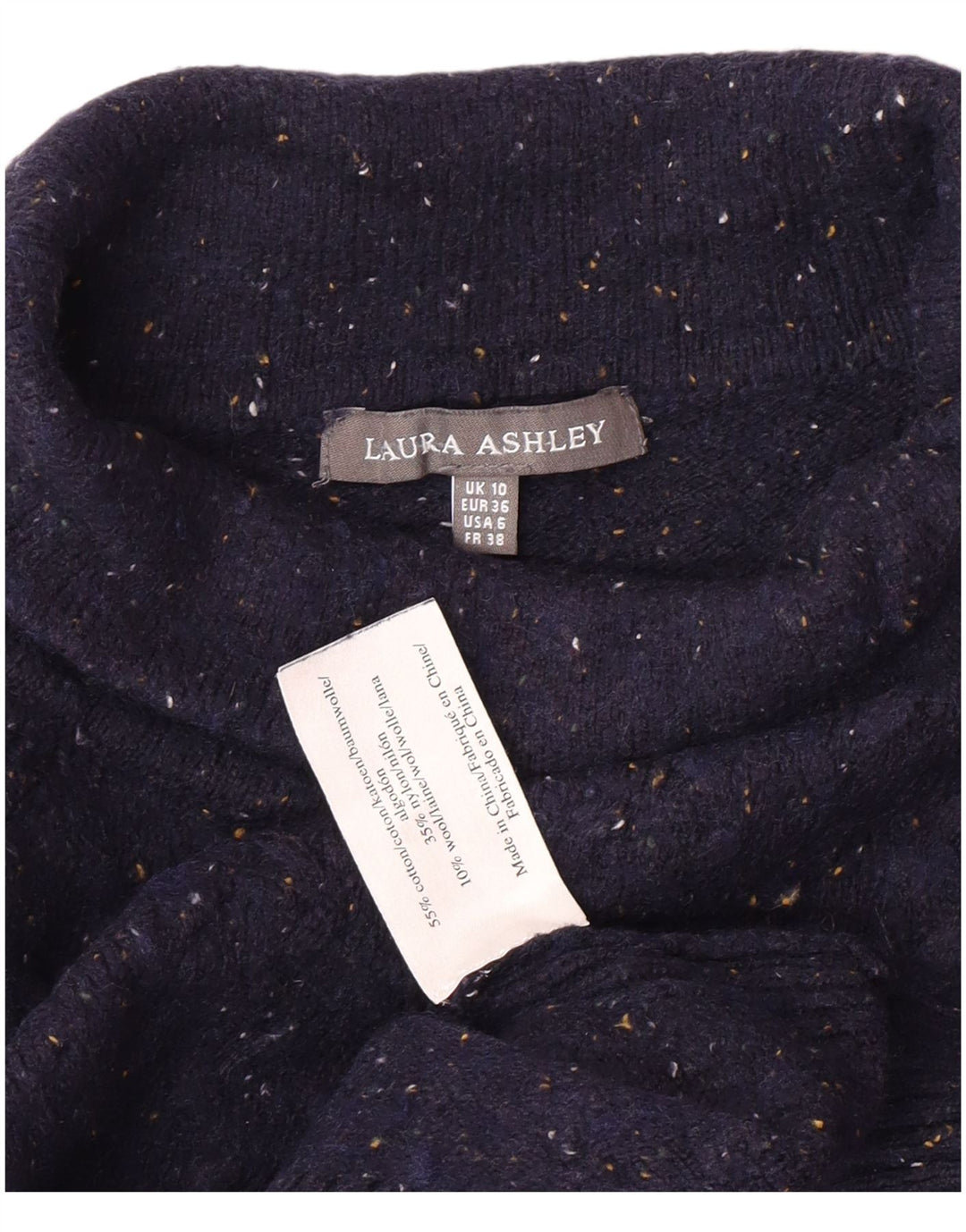 LAURA ASHLEY Maglione maglione da donna con collo alto UK 10 Piccolo blu navy screziato