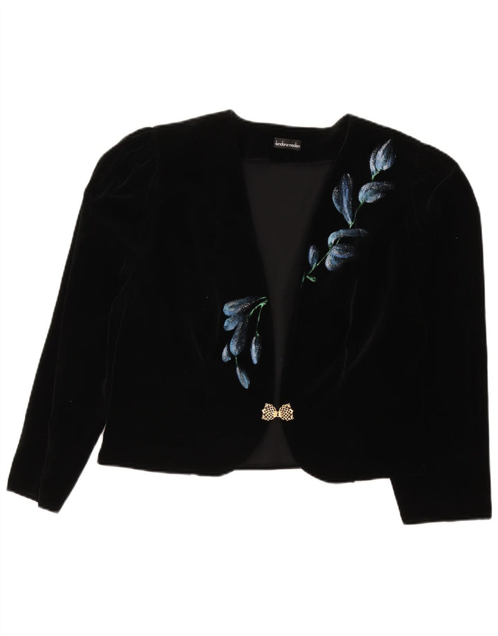 Giacca blazer in velluto corto da donna vintage UK 16 grande lana floreale nera