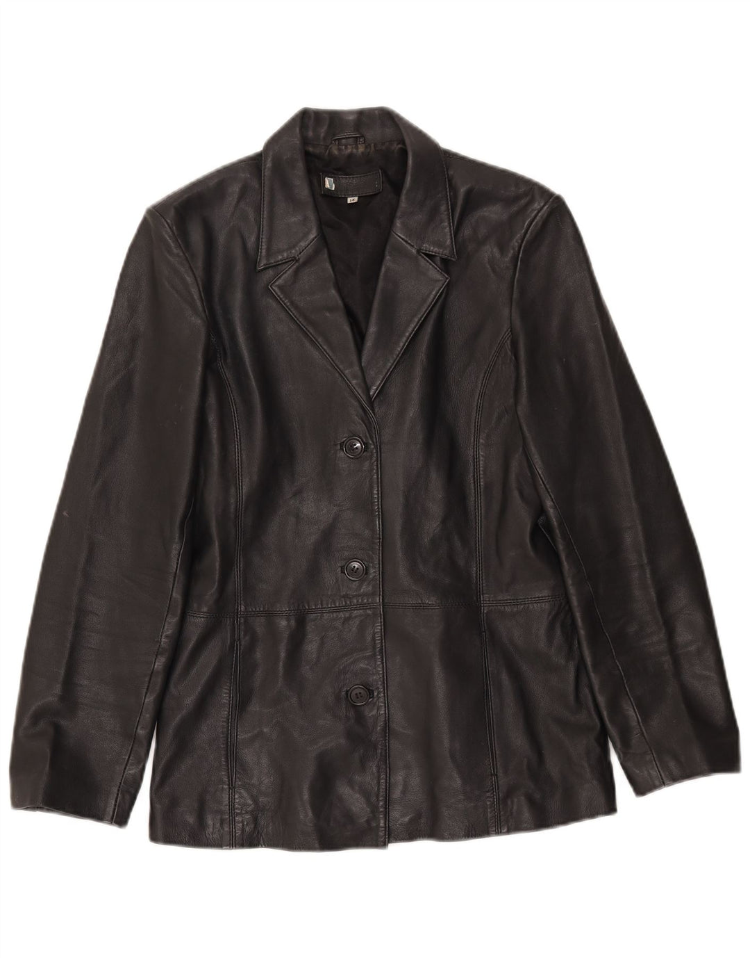 Giacca blazer in pelle vintage da donna a 3 bottoni UK 14 grande in pelle nera