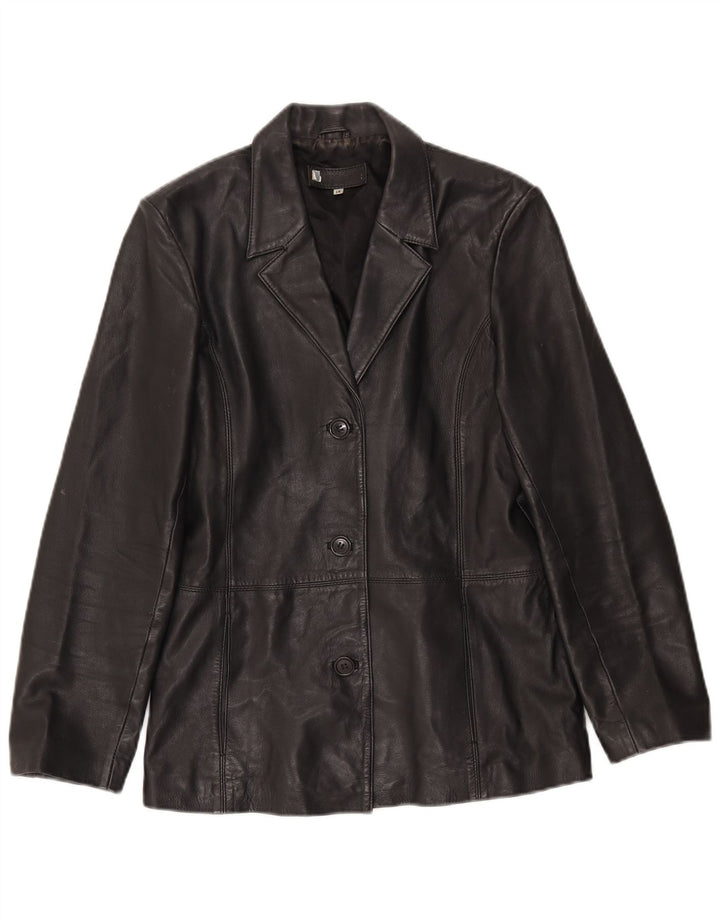 Giacca blazer in pelle vintage da donna a 3 bottoni UK 14 grande in pelle nera