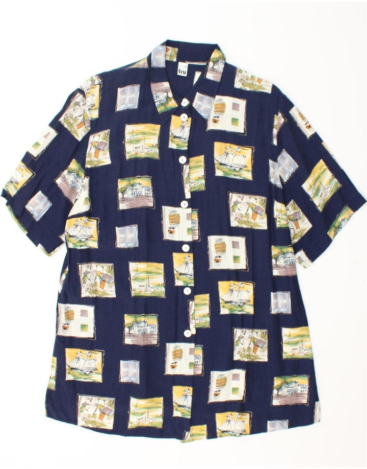 TRU Womens Longline Shirt Blouse IT 46 Large Navy Blue Patchwork Vintage Tru and Second-Hand Tru from Messina Hembry 