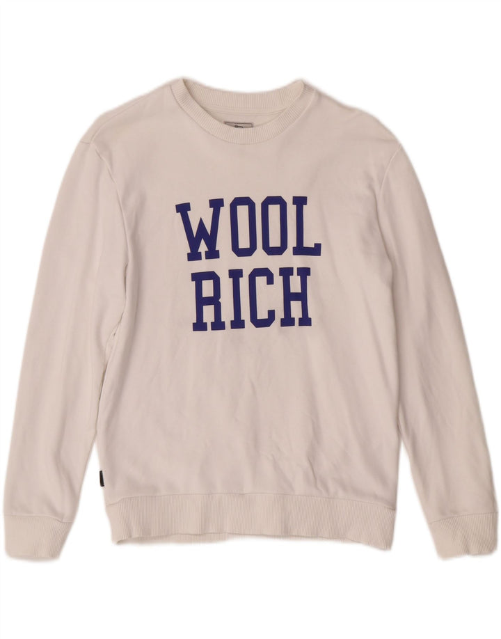 WOOLRICH Boys Graphic Sweatshirt Jumper 10-11 Years White Cotton Vintage Woolrich and Second-Hand Woolrich from Messina Hembry 