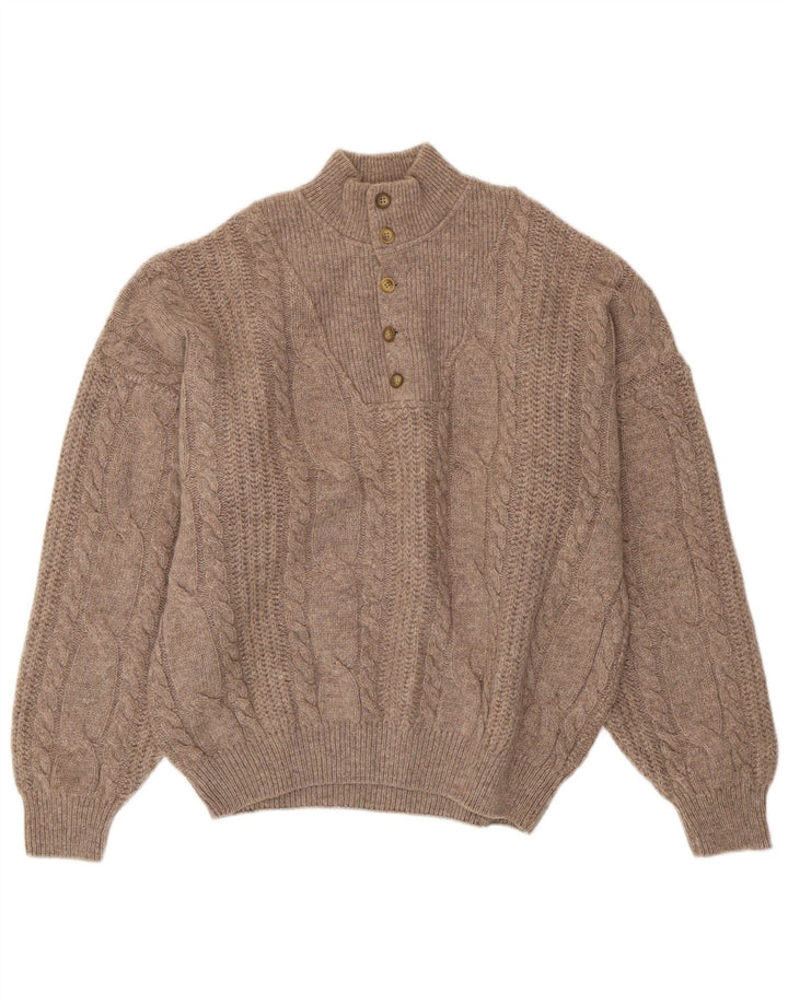 Maglione vintage da uomo con collo a bottoni XL in lana marrone