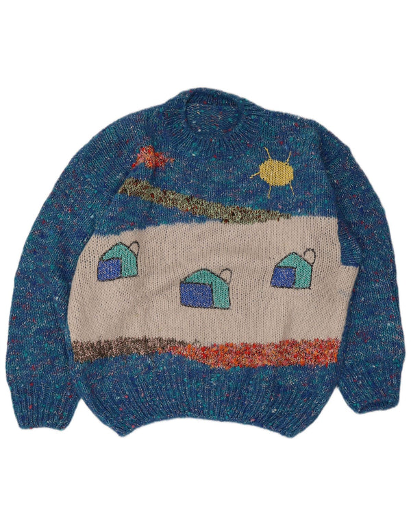 Maglione maglione girocollo con grafica vintage da donna UK 16 grande blu screziato