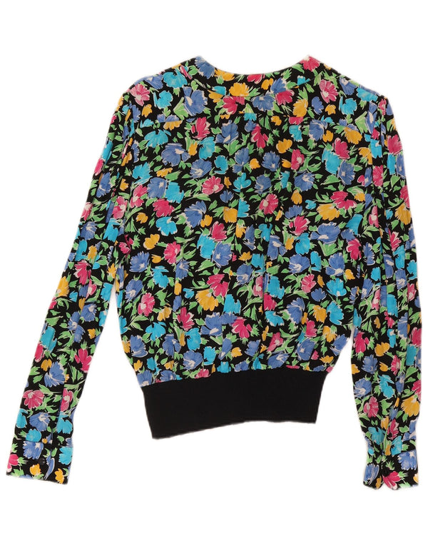 Top camicetta a maniche lunghe da donna vintage UK 10 piccolo floreale multicolore