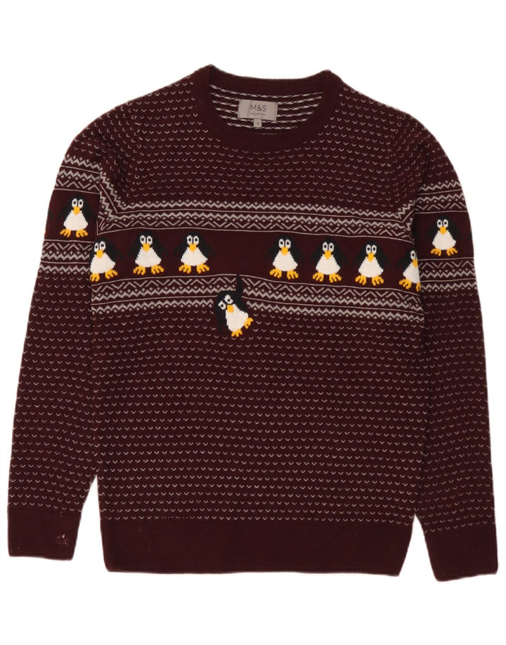 Maglione maglione girocollo da uomo Marks & Spencer piccolo Fair Isle bordeaux