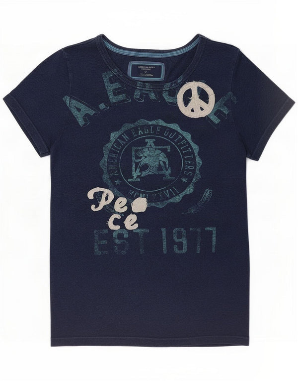 American Eagle Womens Graphic T-Shirt Top UK 14 Large Navy Blue Cotton