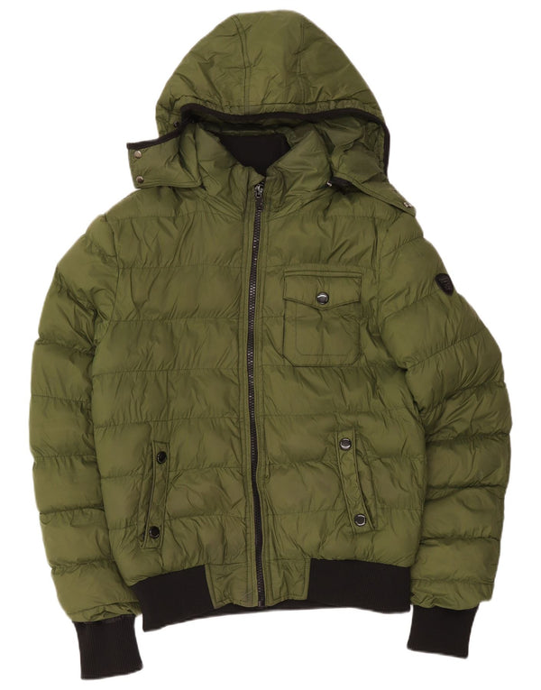 Giacca imbottita con cappuccio da donna vintage UK 16 grande nylon color block verde