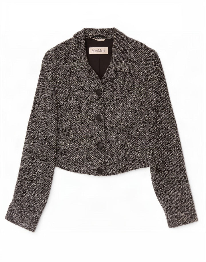 Giacca blazer a 4 bottoni corta da donna Max Mara UK 14 Lana screziata grigio medio