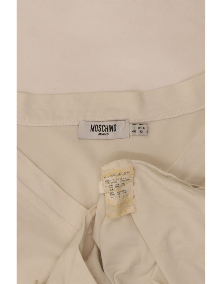 Top grafico corto da donna Moschino manica lunga UK 14 cotone bianco medio