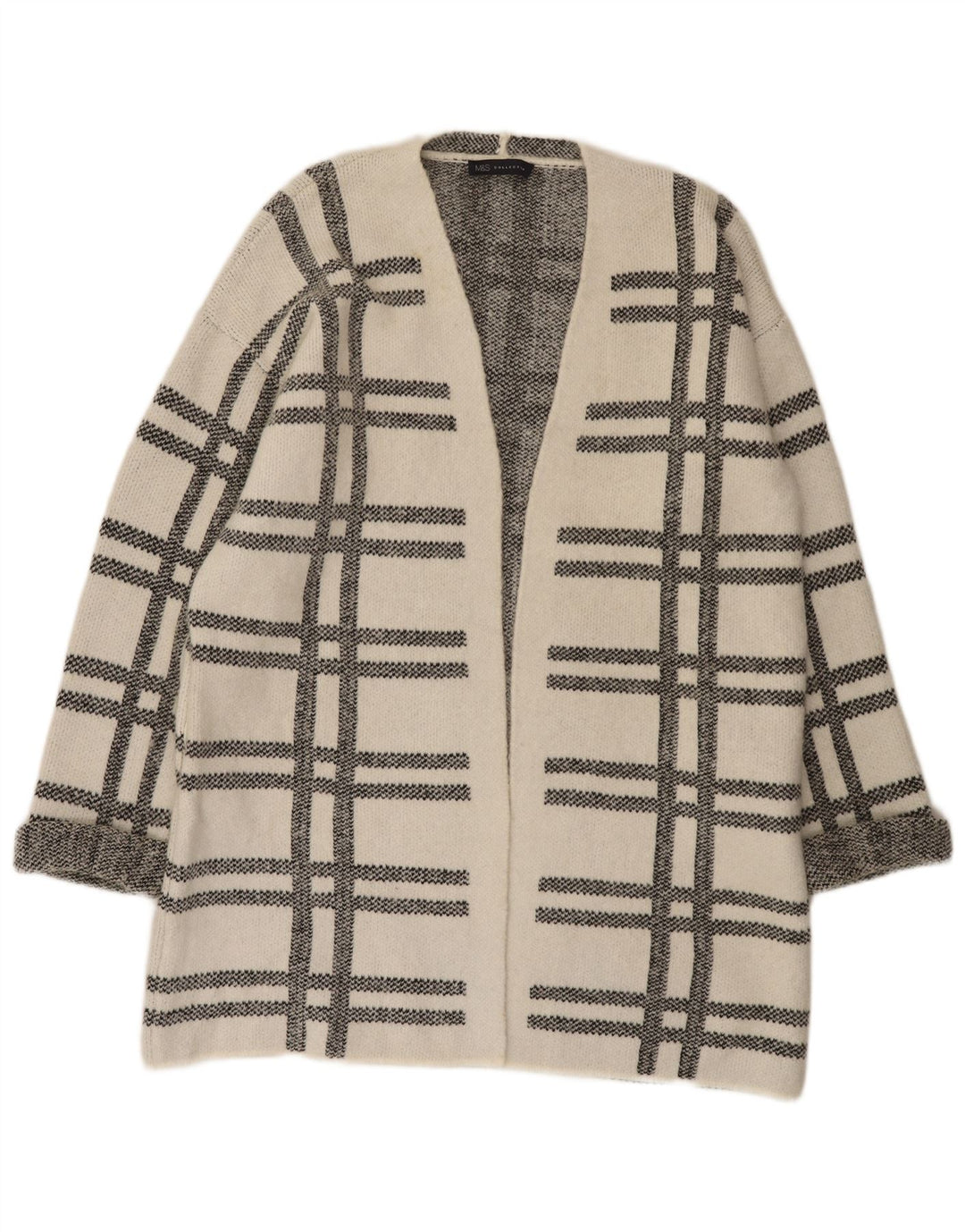 Maglione cardigan lungo da donna Marks & Spencer UK 16 grande motivo a quadri bianchi