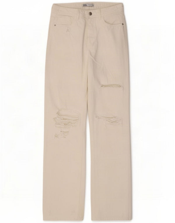 Zara Jeans larghi effetto consumato a vita alta da donna EU 38 Small W28 L33 Bianco
