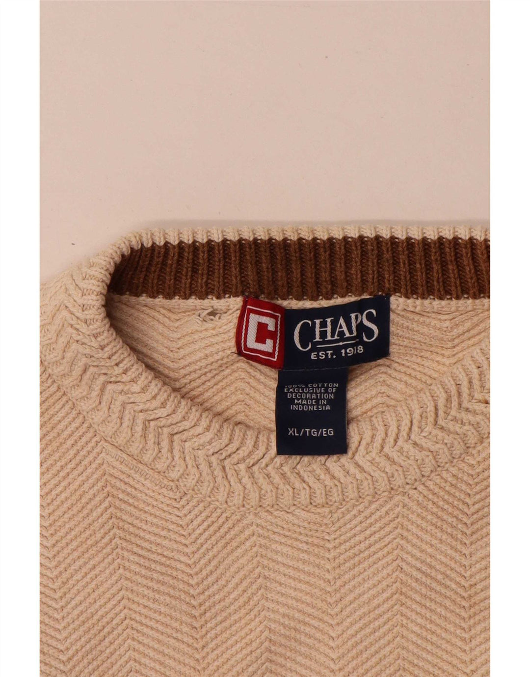 Maglione da uomo girocollo Chaps XL in cotone a spina di pesce beige