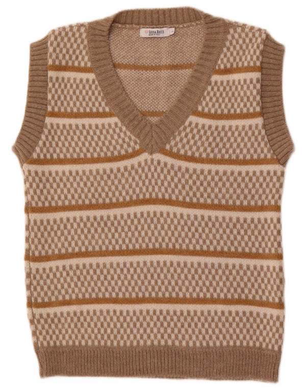 Canottiera vintage da donna UK 14 grande acrilico a strisce beige