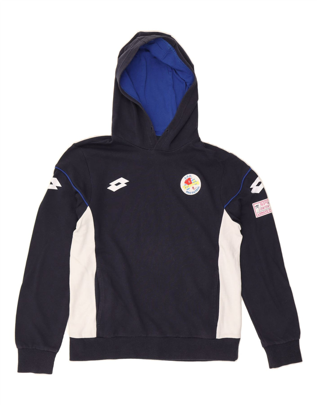 LOTTO Mens Hoodie Jumper Medium Navy Blue Colourblock Vintage Lotto and Second-Hand Lotto from Messina Hembry 