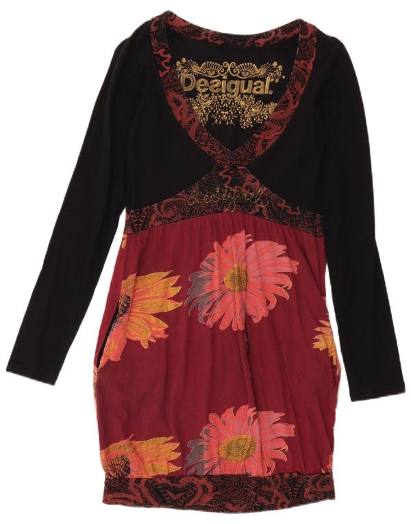 Desigual Abito Impero a Maniche Lunghe da Donna UK 12 Medio Nero Floreale