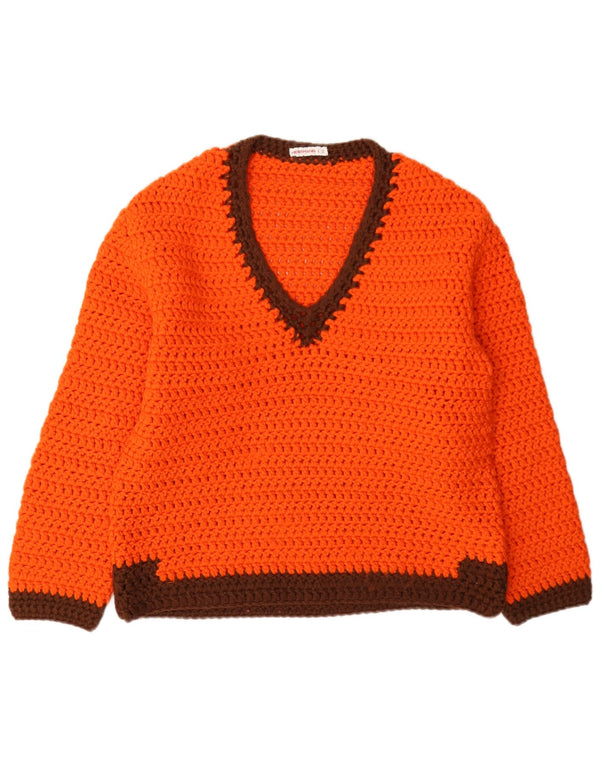Maglione vintage da donna con scollo a V UK 12 Blocco colore arancione medio