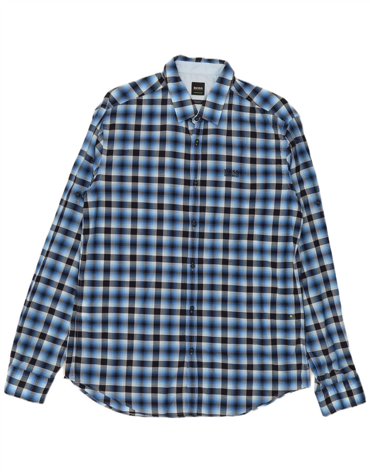 Hugo Boss Camicia da uomo elasticizzata con vestibilità regolare, cotone a quadri blu grande
