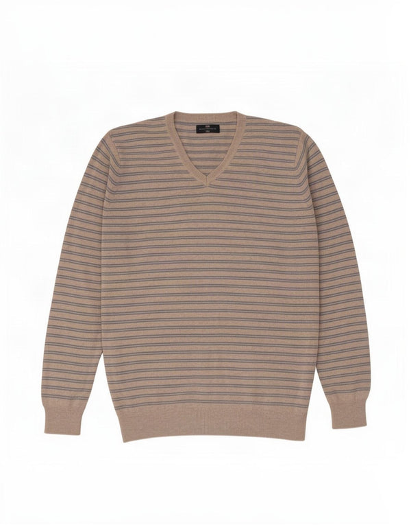 Maglione da uomo Marks & Spencer con scollo a V blu Harbour, a righe beige grandi