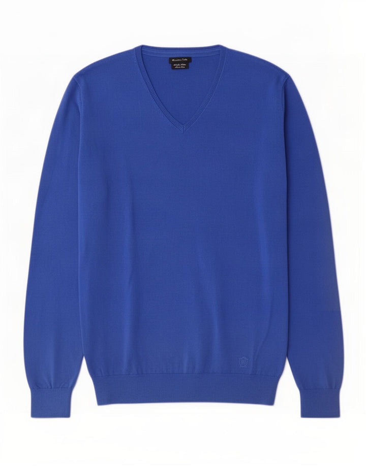 Massimo Dutti Maglione da uomo con scollo a V grande in cotone blu