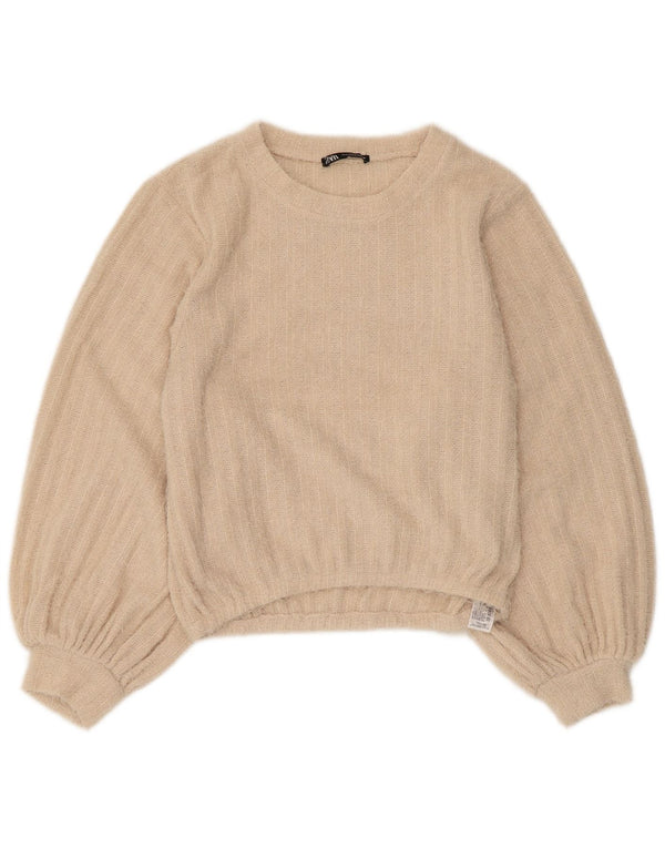 Maglione maglione girocollo da donna Zara UK 10 piccolo poliestere a righe beige